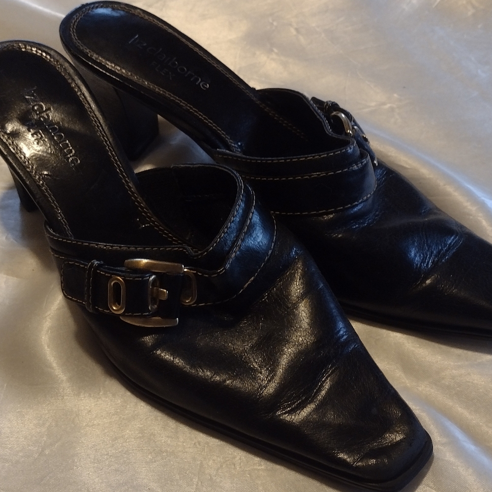 Vtg Y2K LIZ CLAIBORNE FLEX BLACK LEATHER MULES/SLIP ONS/SHOES, 6.5M